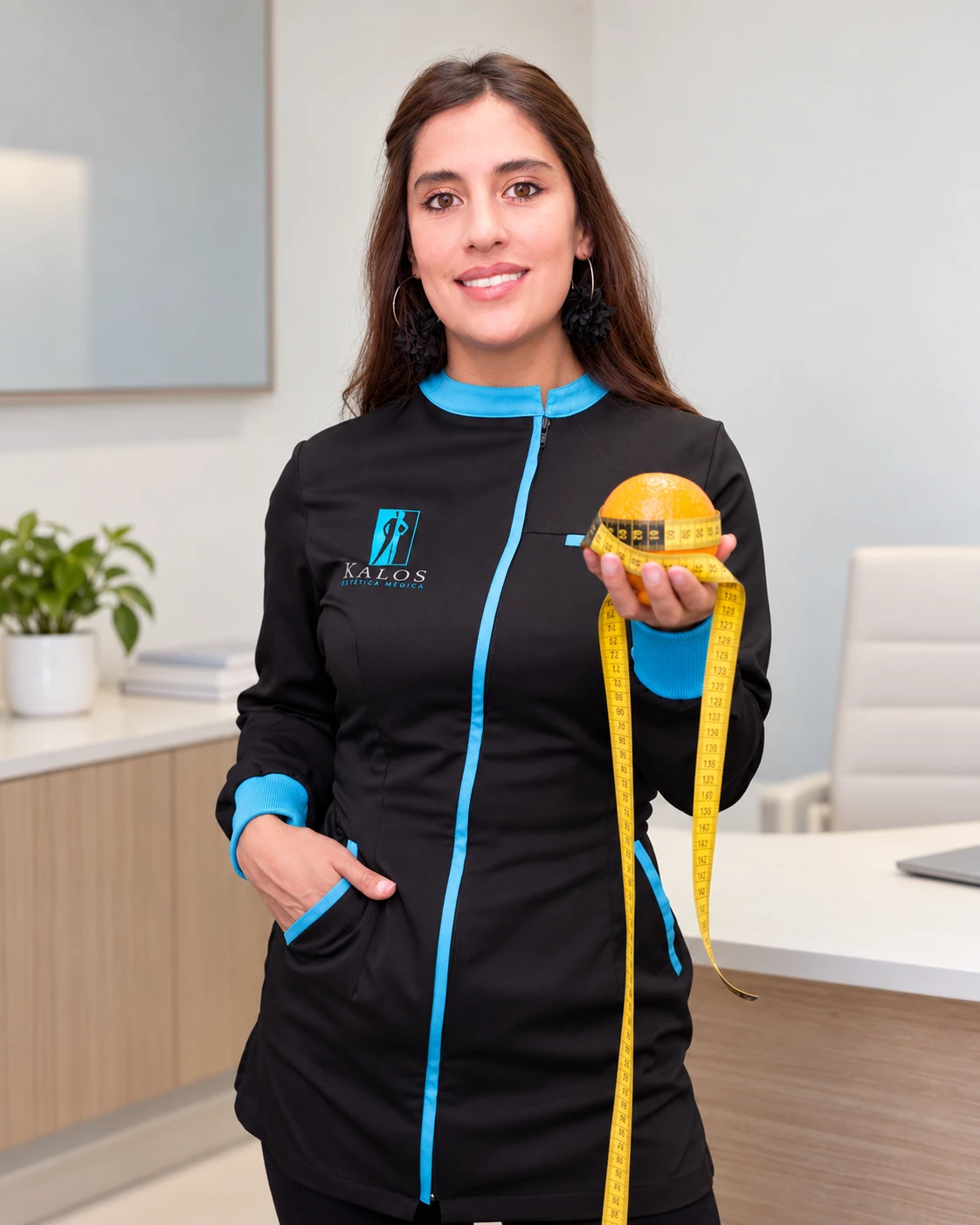 Nutricionista de Kalos en su consultorio, con una manzana y una cinta métrica