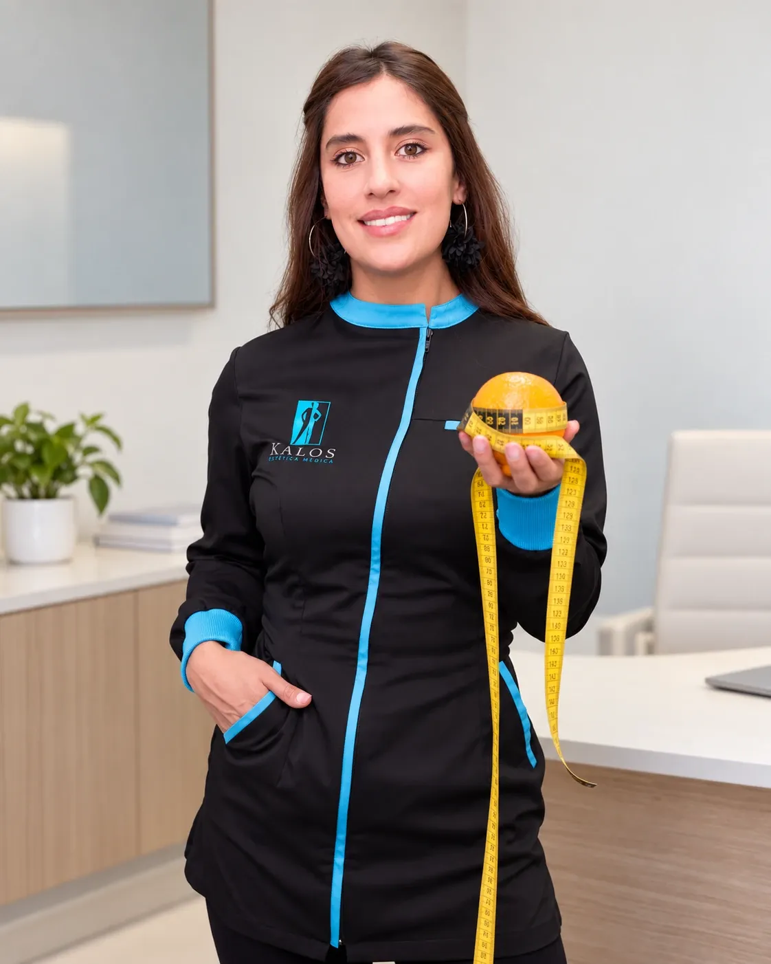 Nutricionista de Kalos en su consultorio, con uniforme de la clínica, una manzana y una cinta métrica